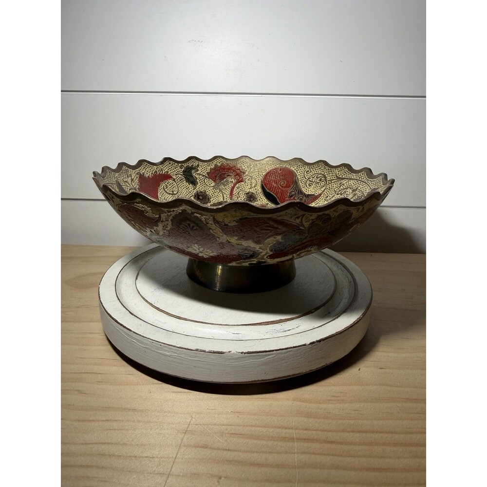 Vintage Brass Footed Enamel Etched Console Bowl